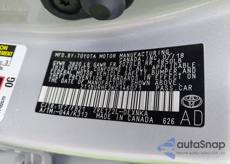 2019 Toyota Corolla Le from USA, damaged, VIN 2T1BURHE2KC146071